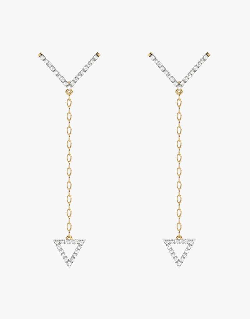 Złote kolczyki wiszące z trójkątnym akcentem i brylantami - Venetia Jewels - 14K złoto z brylantami