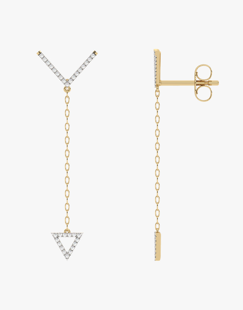 Złote kolczyki wiszące z trójkątnym akcentem i brylantami - Venetia Jewels - 14K złoto z brylantami