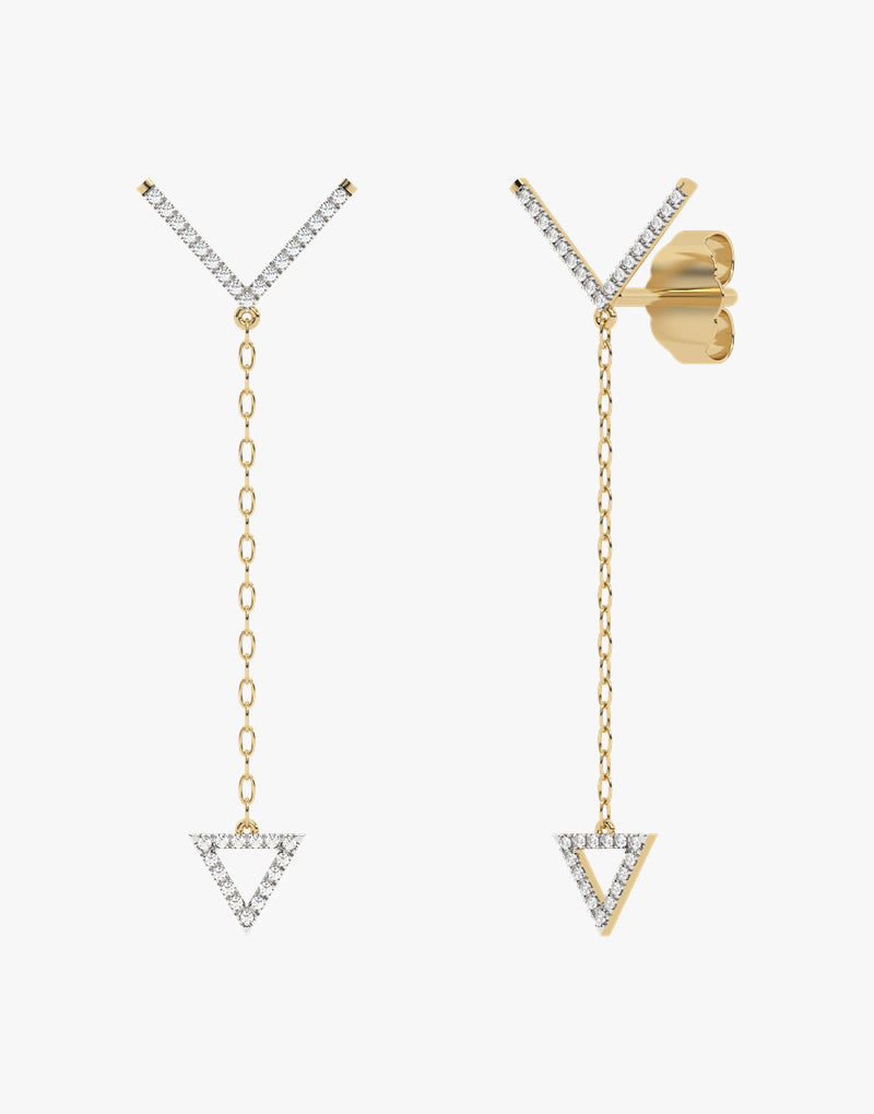 Złote kolczyki wiszące z trójkątnym akcentem i brylantami żółty - Venetia Jewels - 14K złoto z brylantami