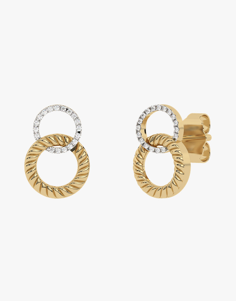 Złote kolczyki sztyfty z plecionymi okręgami i brylantami żółty - Venetia Jewels - 14K złoto z brylantami