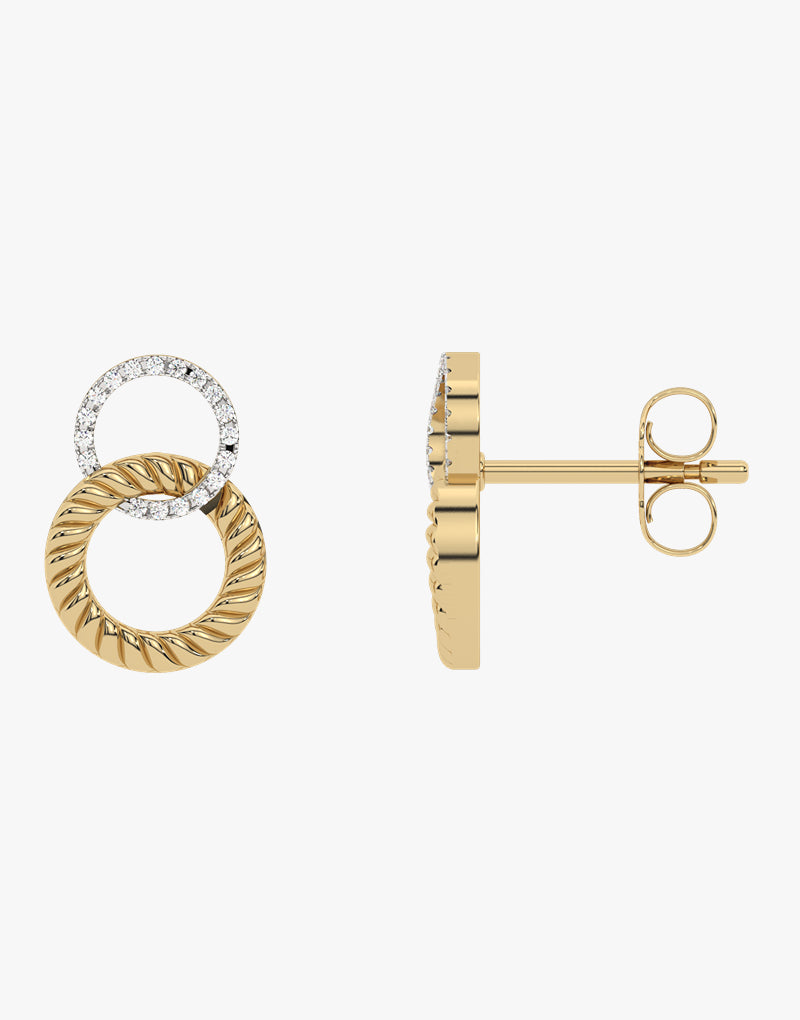Złote kolczyki sztyfty z plecionymi okręgami i brylantami - Venetia Jewels - 14K złoto z brylantami