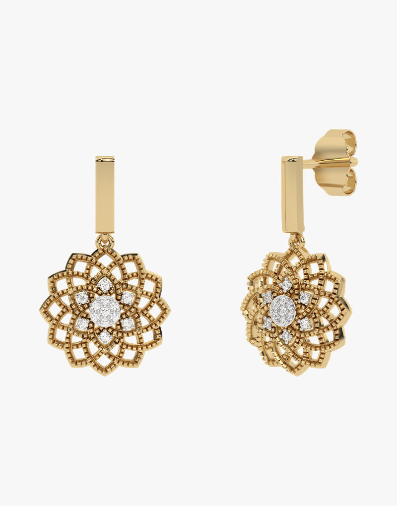 Złote kolczyki wiszące z kwiatowym wzorem i brylantami żółty - Venetia Jewels - 14K złoto z brylantami