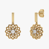 Złote kolczyki wiszące z kwiatowym wzorem i brylantami żółty - Venetia Jewels - 14K złoto z brylantami