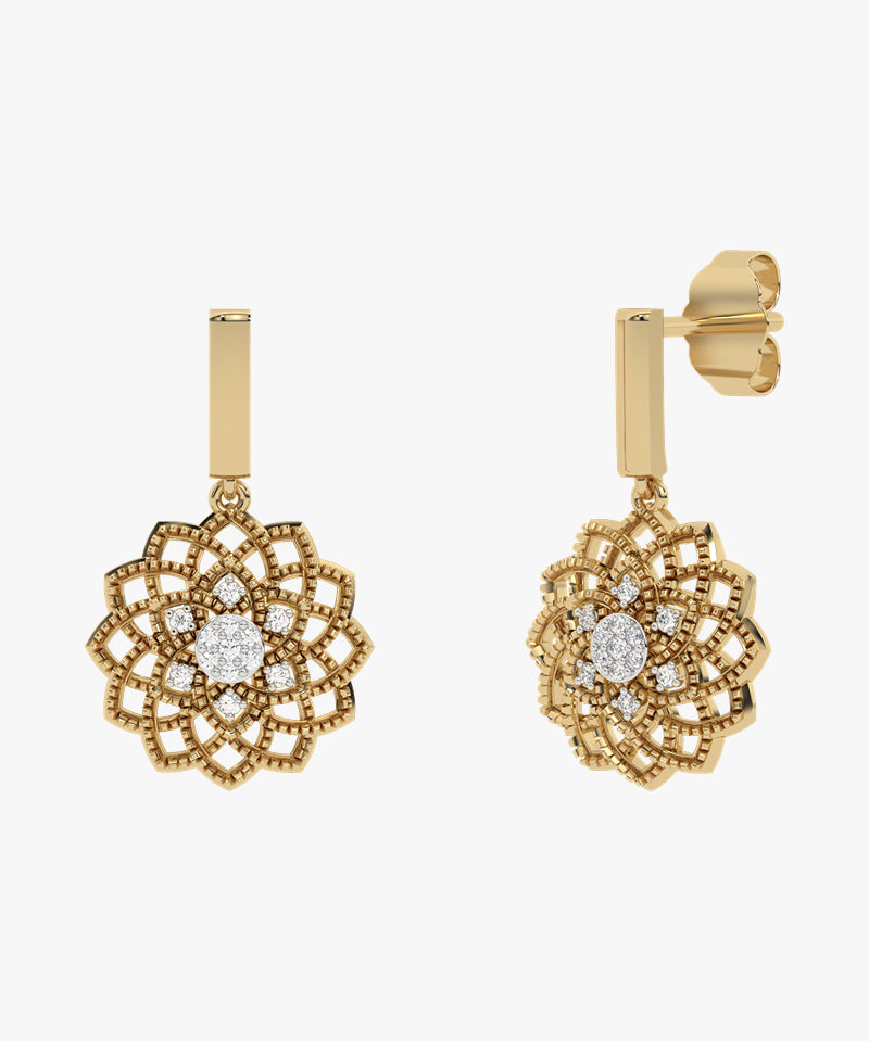 Złote kolczyki wiszące z kwiatowym wzorem i brylantami żółty - Venetia Jewels - 14K złoto z brylantami