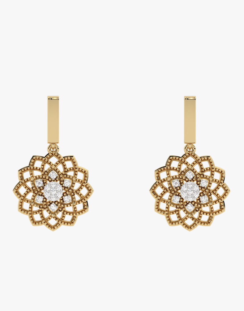 Złote kolczyki wiszące z kwiatowym wzorem i brylantami - Venetia Jewels - 14K złoto z brylantami