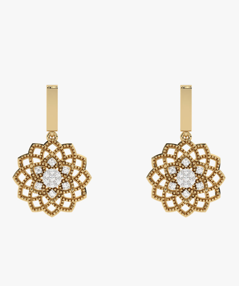 Złote kolczyki wiszące z kwiatowym wzorem i brylantami - Venetia Jewels - 14K złoto z brylantami