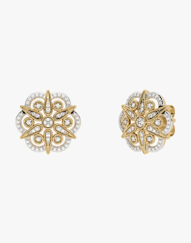 Złote kolczyki sztyfty z symetrycznym wzorem kwiatowym żółty - Venetia Jewels - 14K złoto z brylantami