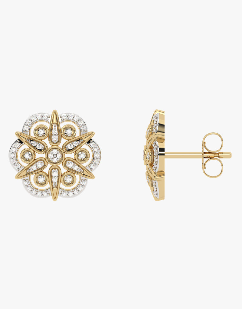 Złote kolczyki sztyfty z symetrycznym wzorem kwiatowym - Venetia Jewels - 14K złoto z brylantami