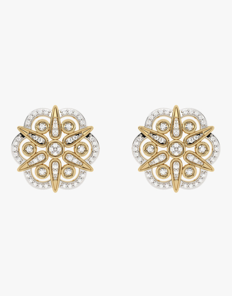 Złote kolczyki sztyfty z symetrycznym wzorem kwiatowym - Venetia Jewels - 14K złoto z brylantami