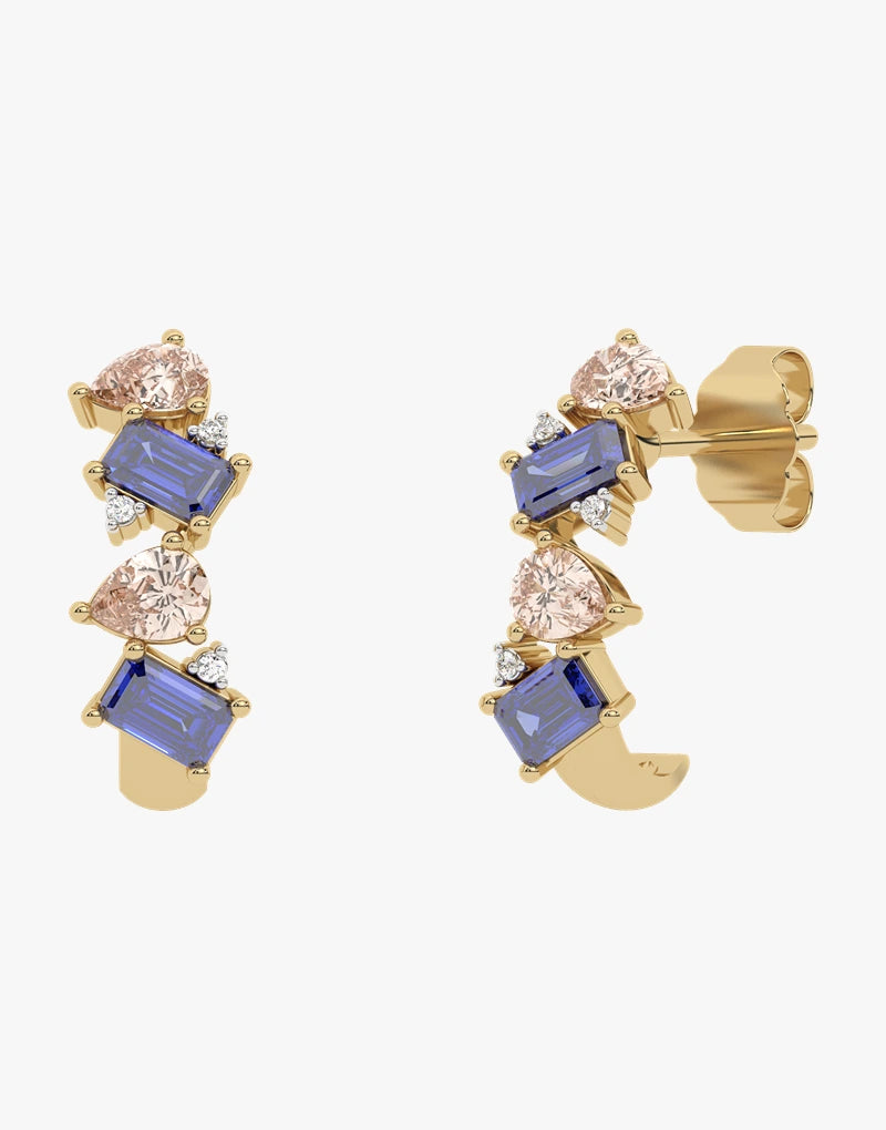 Złote kolczyki z szampańskimi granatami, tanzanitami i brylantami żółty - Venetia Jewels - 14K złoto z brylantami