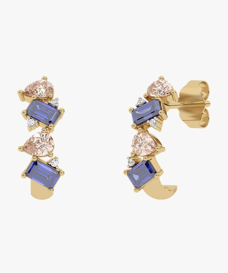 Złote kolczyki z szampańskimi granatami, tanzanitami i brylantami żółty - Venetia Jewels - 14K złoto z brylantami