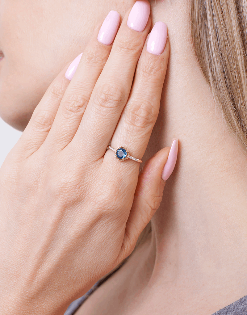 Pierścionek Halo z Niebieskim Topazem - Venetia Jewels - 14K złoto z brylantami