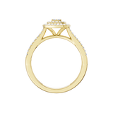 Złoty pierścionek z brylantami w podwójnej kwadratowej oprawie halo