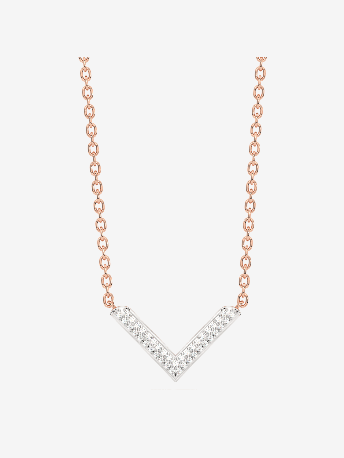 Brylantowy naszyjnik V od Venetia Jewels z różowymi metalowymi ogniwami i eleganckim wzorem