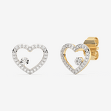 Kolczyki serce z brylantem w złotej ramce, elegancki design z ozdobnymi kamieniami