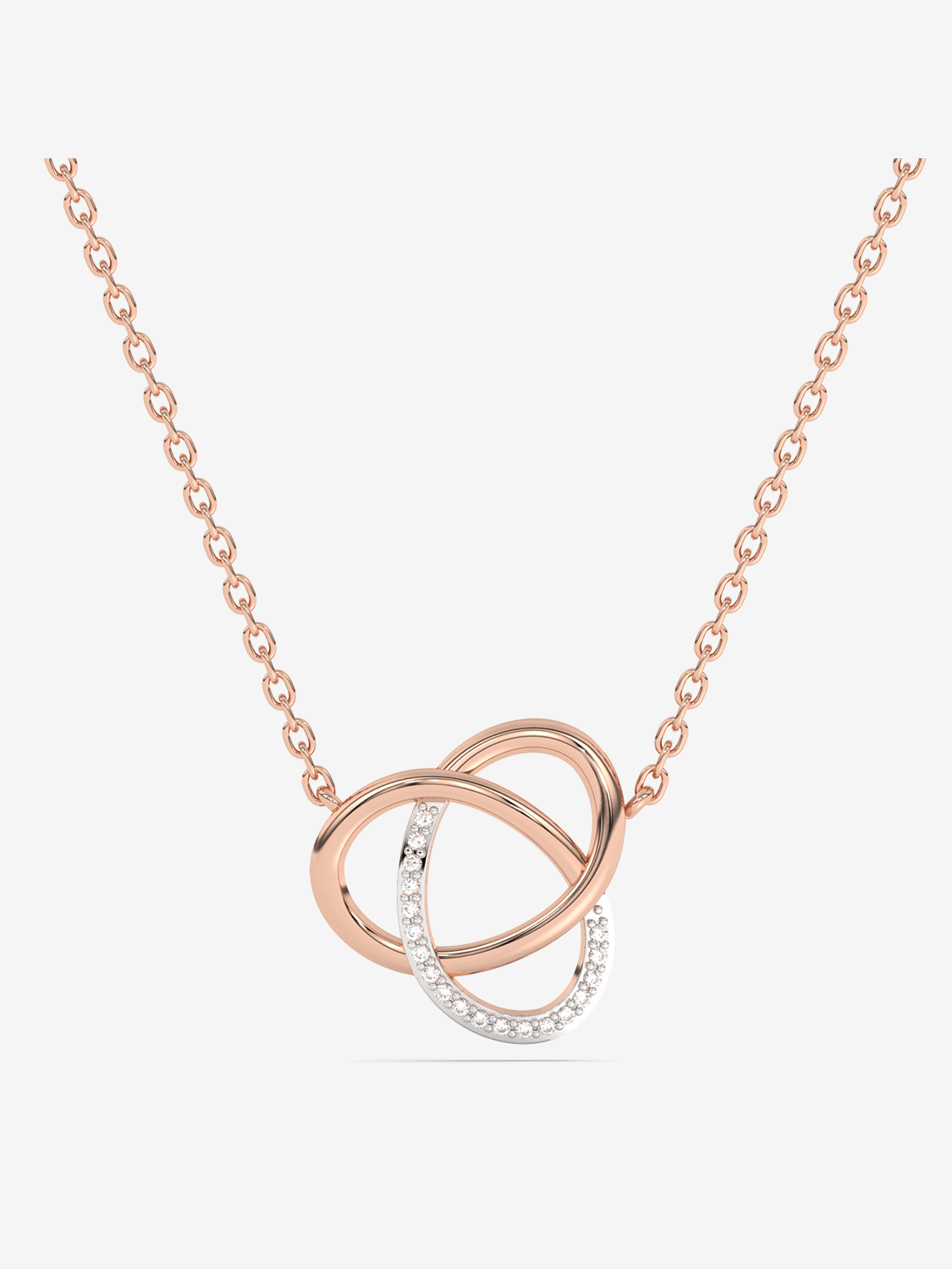 Naszyjnik złoty z brylantami w formie splątanych kółek z różowego złota