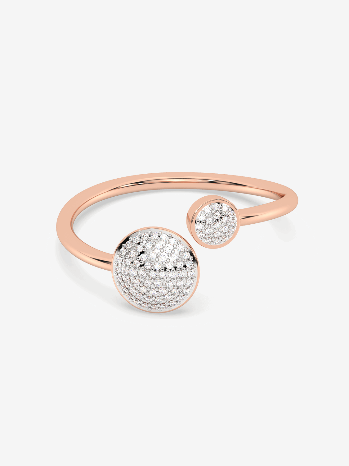 Otwarty pierścionek z brylantami w różowym złocie z dwoma eleganckimi, wysadzanymi kamieniami