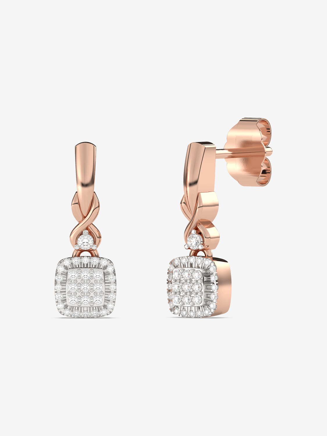 Kwadratowe złote kolczyki z brylantami od Venetia Jewels w modnym różowym złocie.