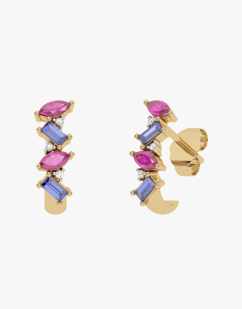 Złote kolczyki z granatami i tanzanitami, elegancki design z trzema różnymi kamieniami