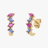 Złote kolczyki z granatami i tanzanitami, elegancki design z trzema różnymi kamieniami