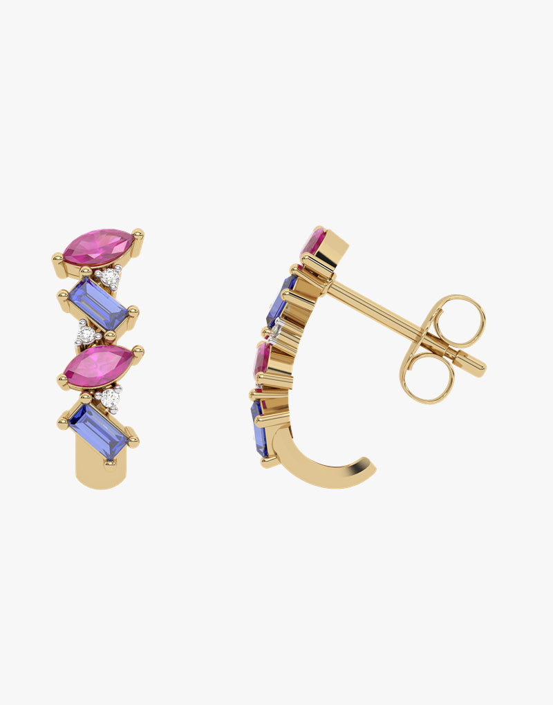 Złote kolczyki z granatami i tanzanitami w stylowym wzorze, idealne na każdą okazję