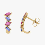 Złote kolczyki z granatami i tanzanitami w stylowym wzorze, idealne na każdą okazję