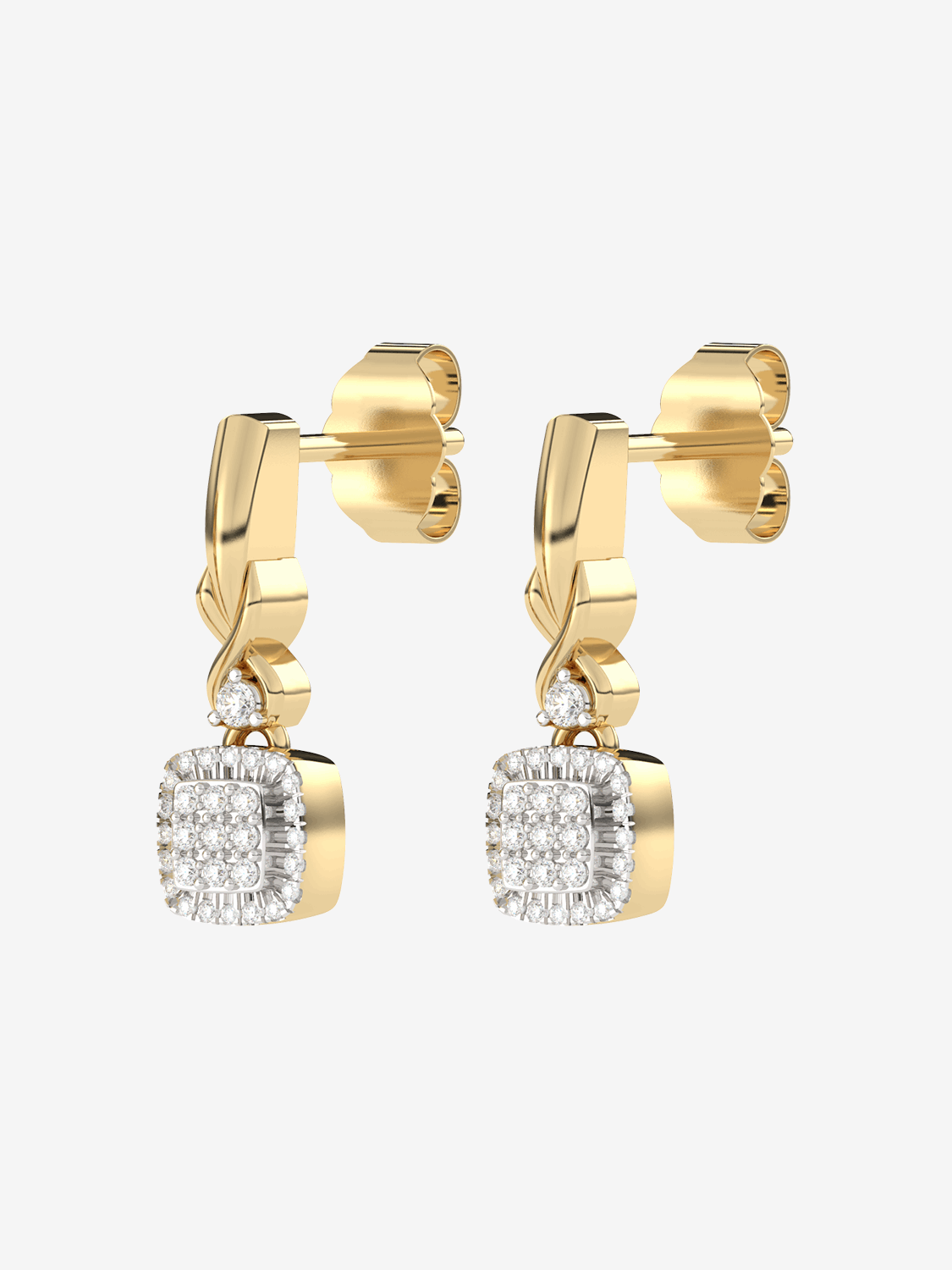 Stylowe kwadratowe złote kolczyki z brylantami, idealne na wyjątkowe okazje