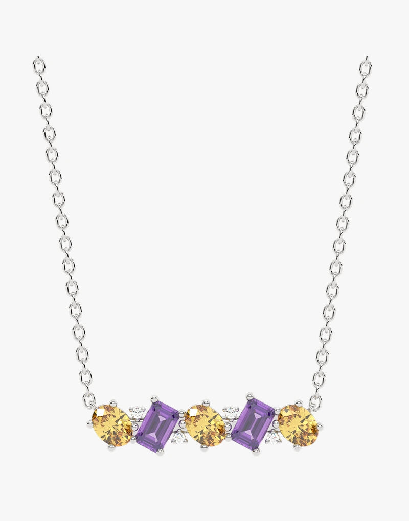 Złoty naszyjnik z ametystem i brylantami z centralnymi kamieniami w kształcie prostokąta i okrągłym desygnie