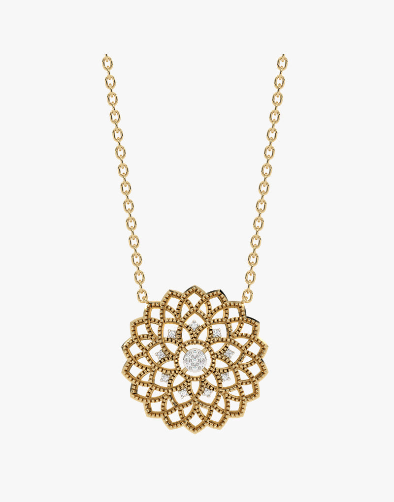 Złoty naszyjnik z brylantami w kształcie kwiatowego wzoru dla eleganckich stylizacji.
