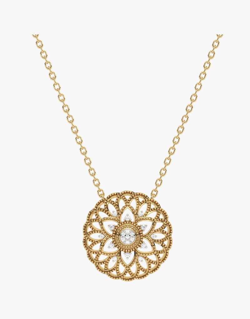 Złoty naszyjnik z mandalą i brylantami od Venetia Jewels z misternym wzorem i delikatnym łańcuszkiem