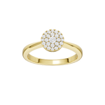 Złoty pierścionek z brylantami o okrągłej głównej ozdobie, elegancki i efektowny.