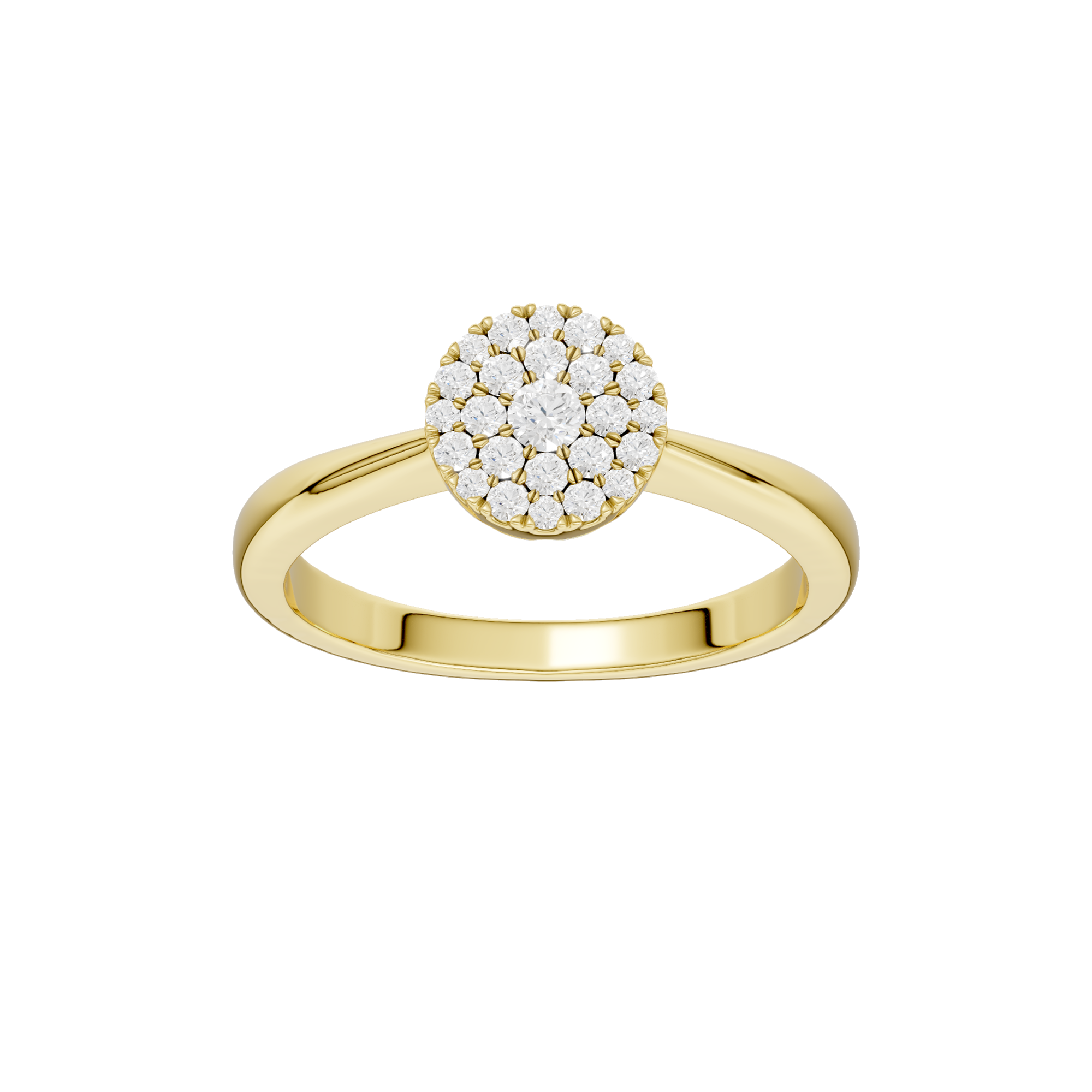 Złoty pierścionek z brylantami o okrągłej głównej ozdobie, elegancki i efektowny.