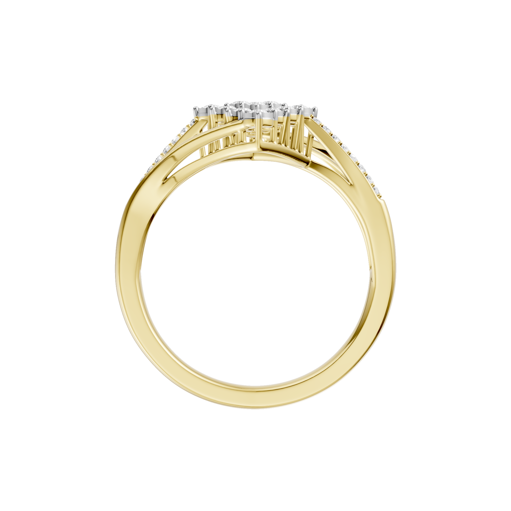 Złoty pierścionek z brylantami o eleganckim designie i błyszczących detalach