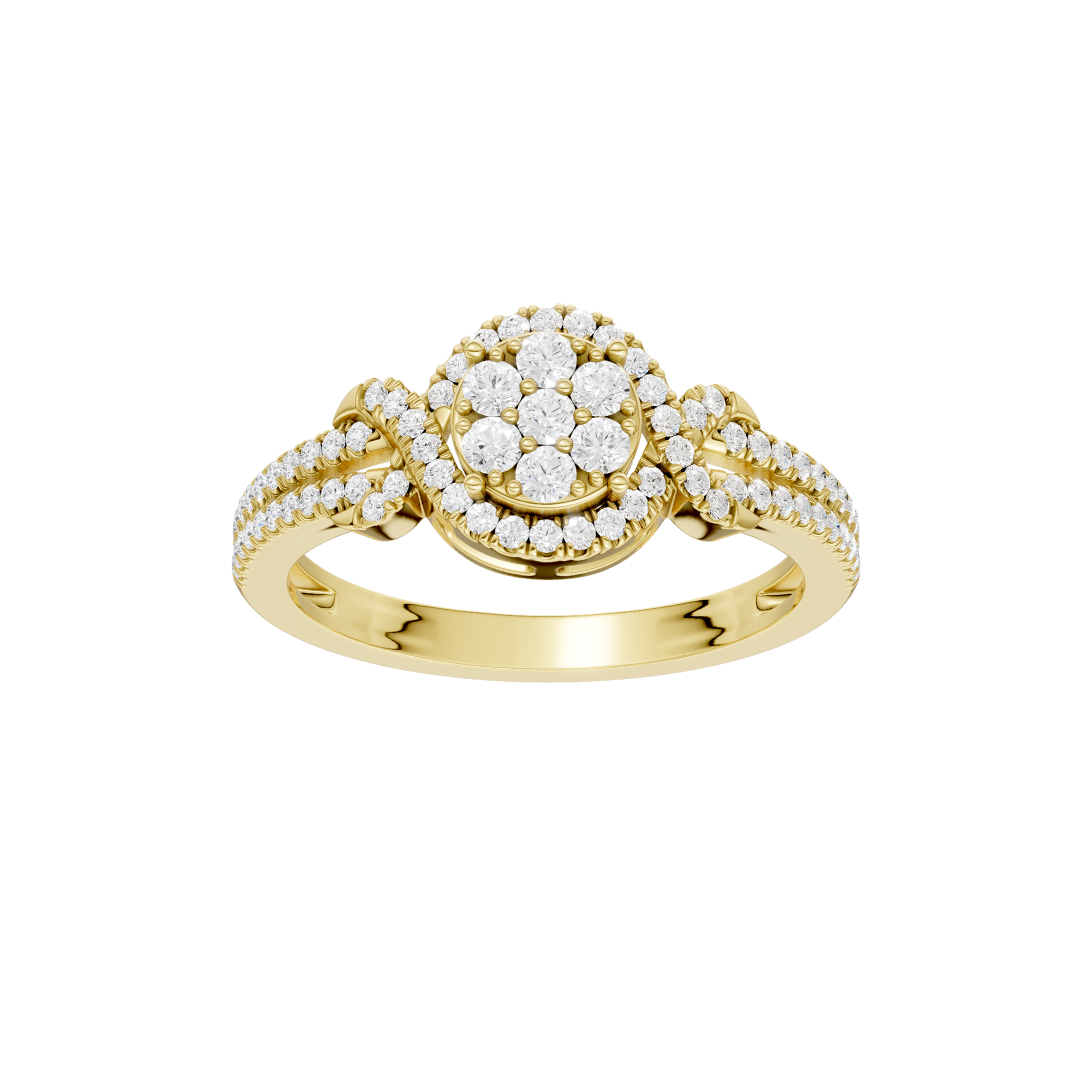 Złoty pierścionek z brylantami od Venetia Jewels z okrągłym wzorem i delikatną obrączką