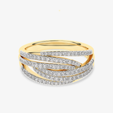 Złoty pierścionek z brylantami w stylowym, falistym wzorze idealny na wyjątkowe okazje