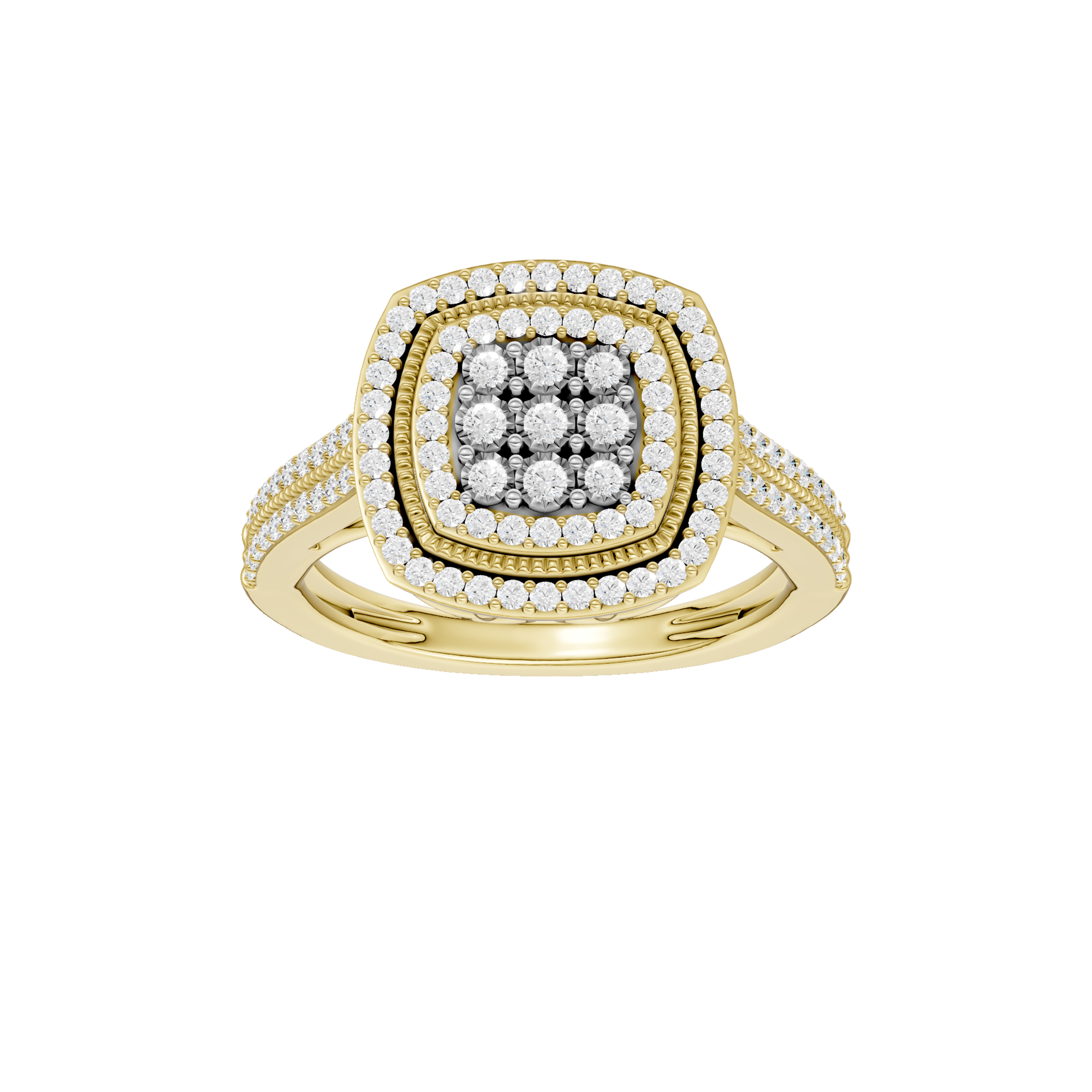 Złoty pierścionek z brylantami z błyszczącą poduszką i wysadzeniem diamentów