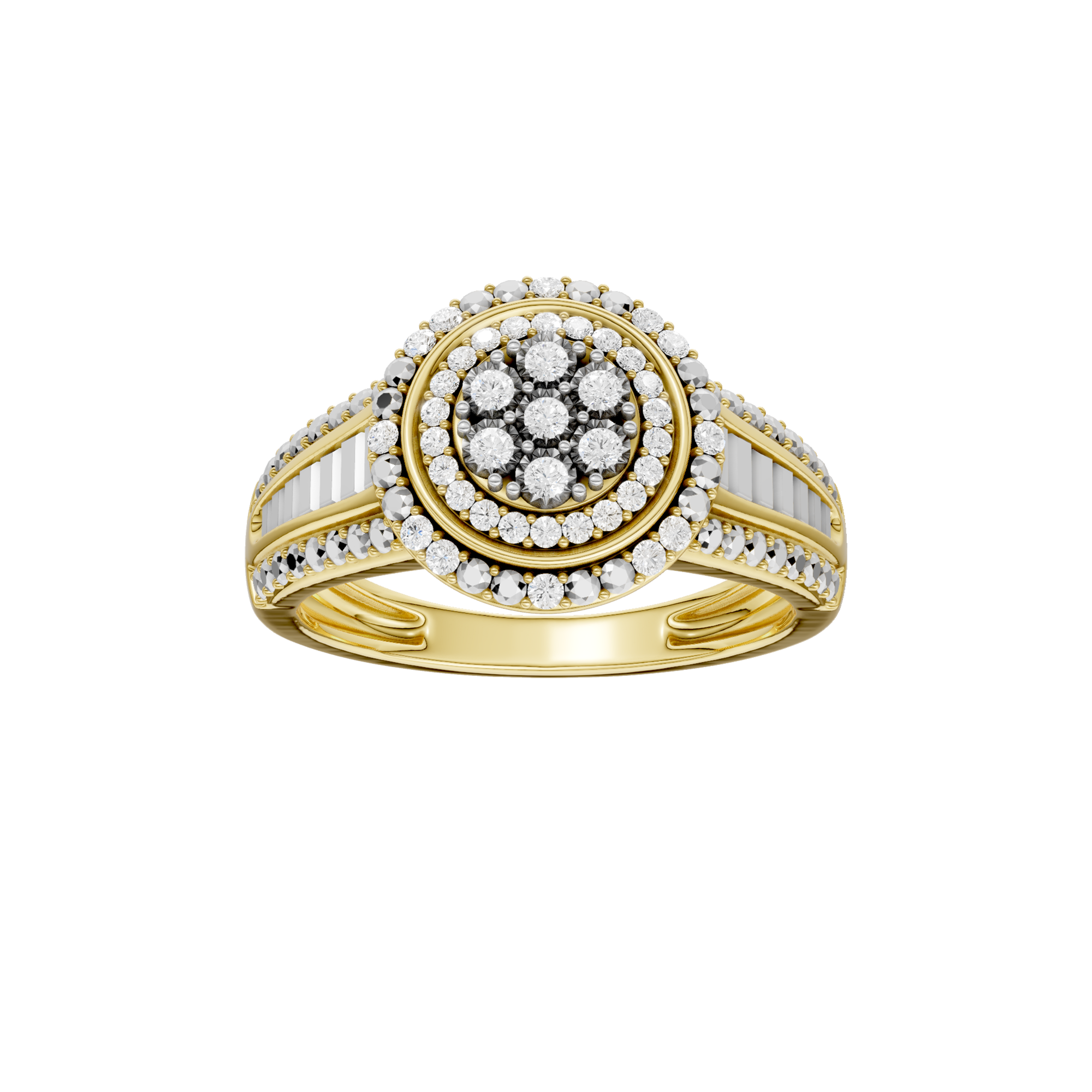 Złoty pierścionek z brylantami od Venetia Jewels z eleganckim okrągłym wzorem i klasycznymi detalami