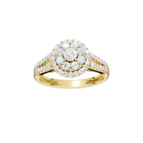 Złoty pierścionek z brylantami o okrągłym fasonie, zdobiony błyszczącymi kamieniami