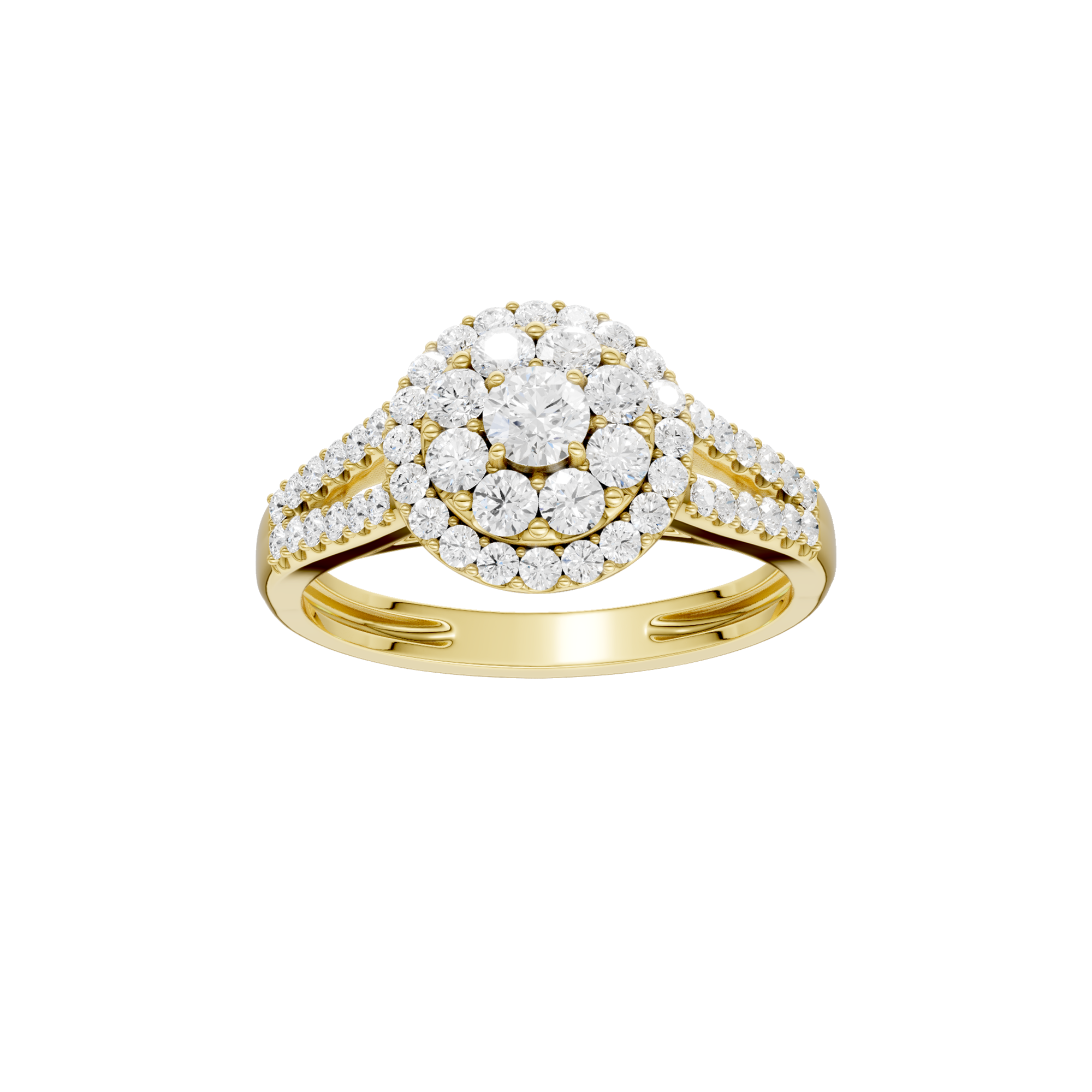 Złoty pierścionek z brylantami o okrągłym fasonie, zdobiony błyszczącymi kamieniami
