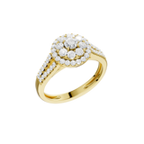 Złoty pierścionek z brylantami z okrągłym blaskiem i ozdobnymi kamieniami na obrączce