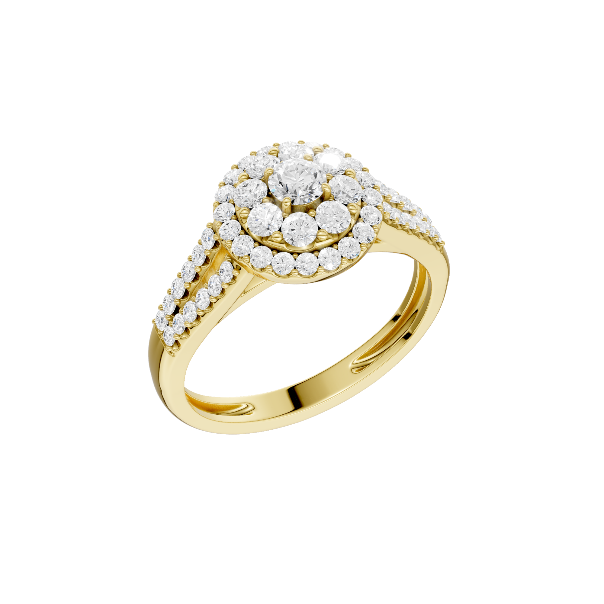 Złoty pierścionek z brylantami z okrągłym blaskiem i ozdobnymi kamieniami na obrączce