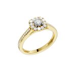 Złoty pierścionek z brylantami o kwiatowym kształcie i subtelnych detalach diamentowych