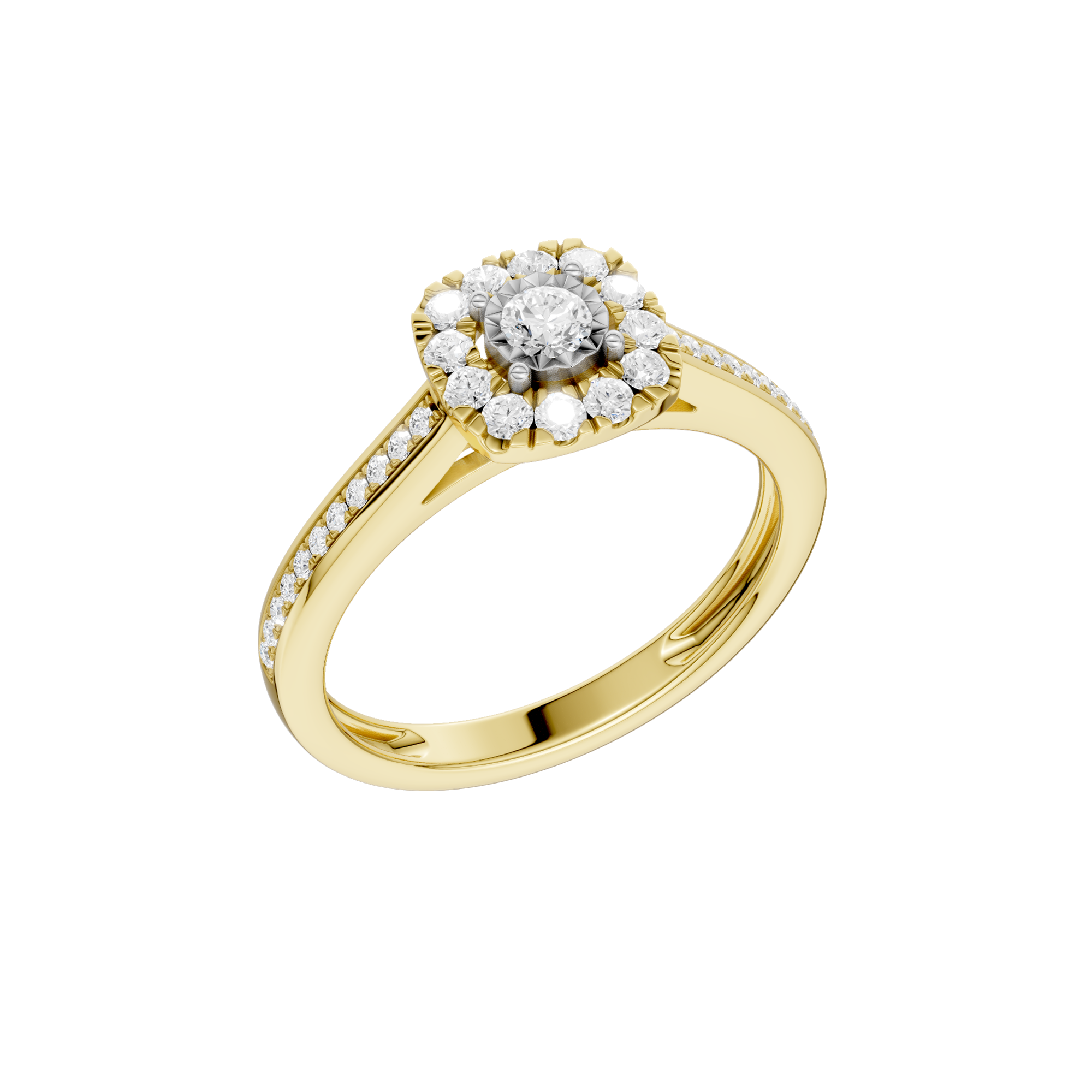 Złoty pierścionek z brylantami o kwiatowym kształcie i subtelnych detalach diamentowych