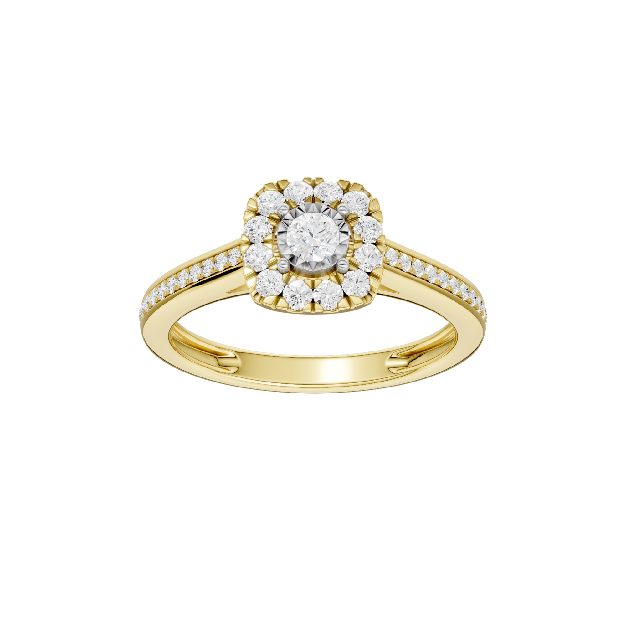 Złoty pierścionek z brylantami o okrągłym diamentowym środku i błyszczącej obrączce