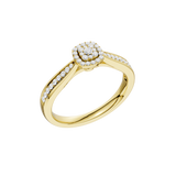 Złoty pierścionek z brylantami z okrągłym wzorem i błyszczącymi akcentami na obrączce