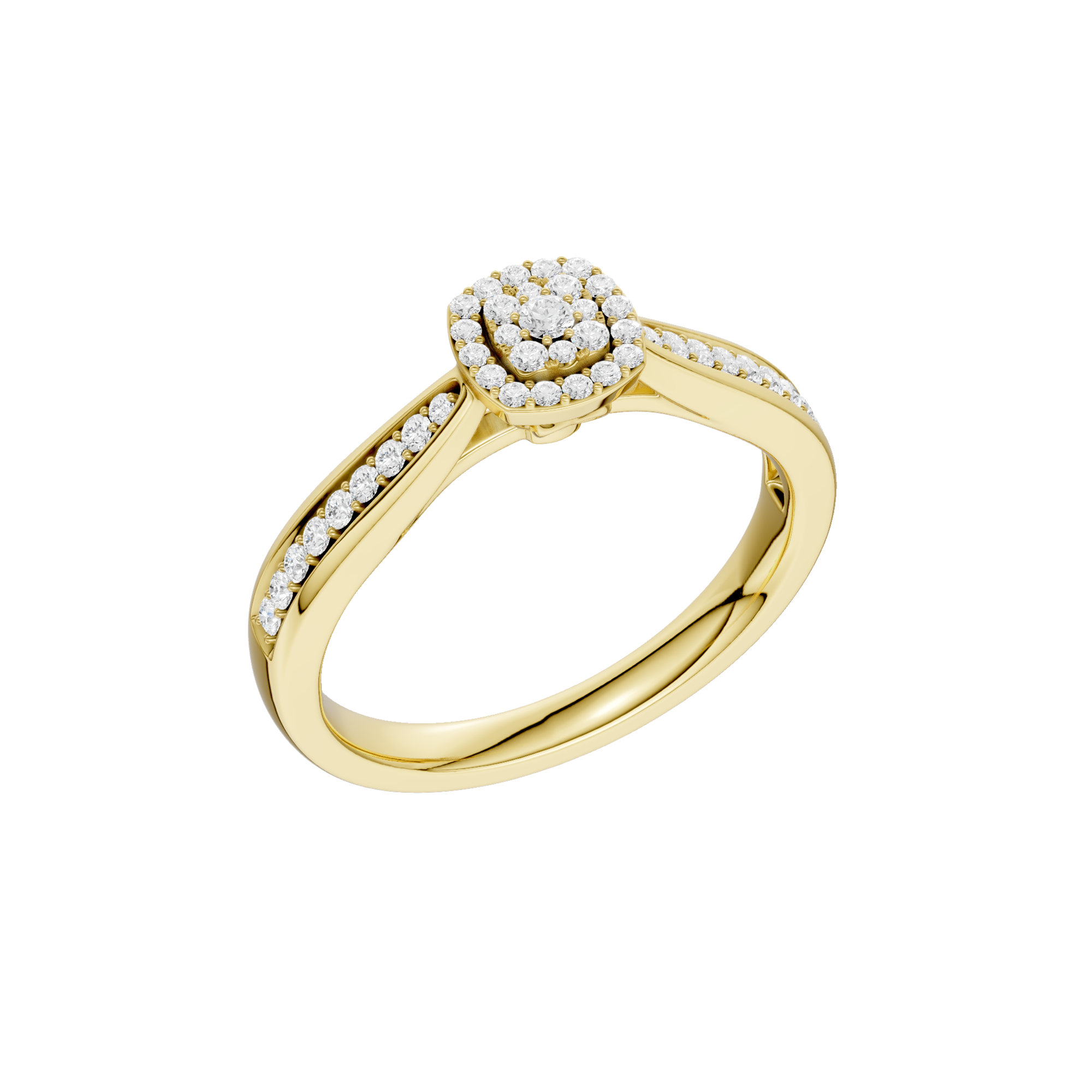 Złoty pierścionek z brylantami z okrągłym wzorem i błyszczącymi akcentami na obrączce