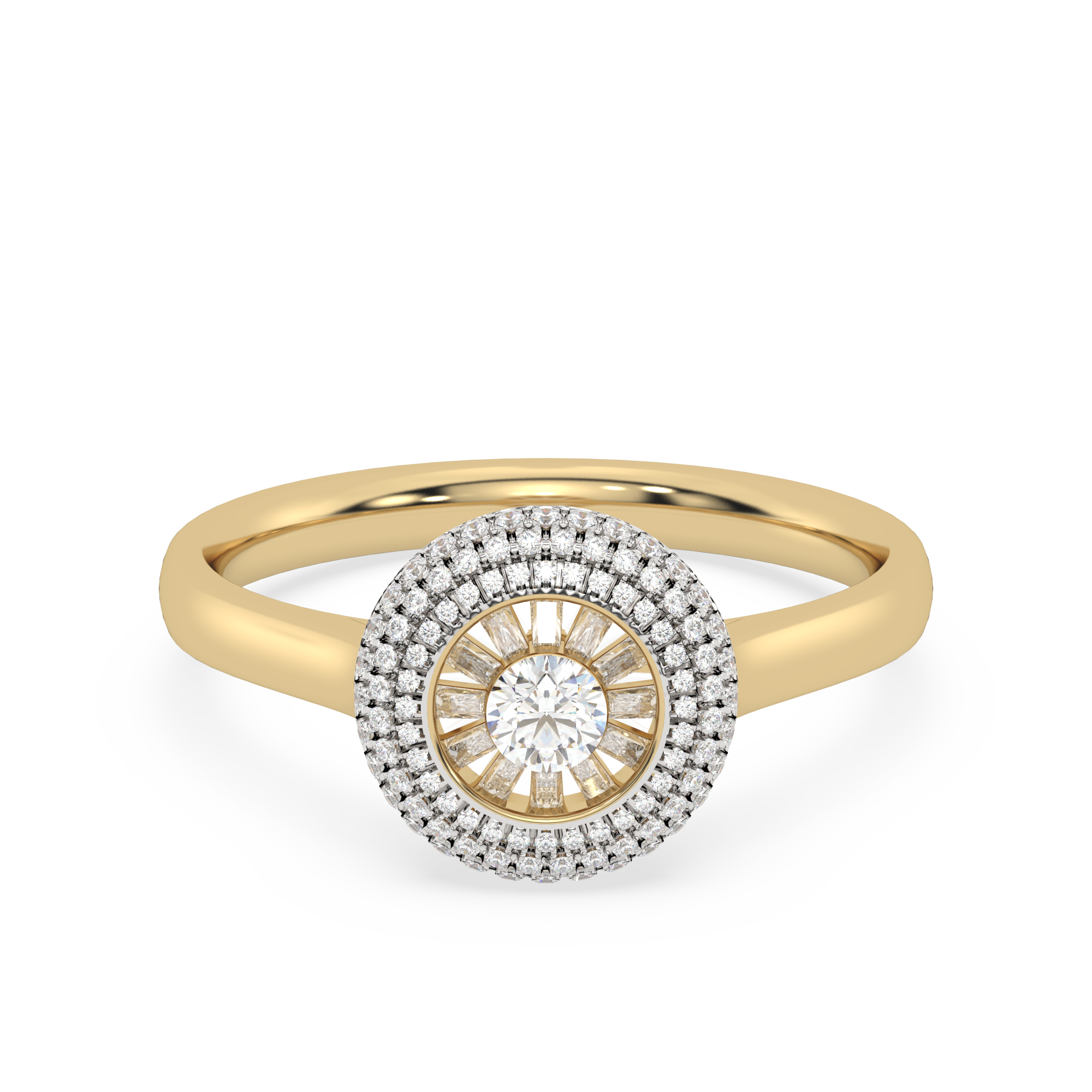 Złoty pierścionek z brylantami w efektownym, okrągłym wzorze ze słonecznym centrum