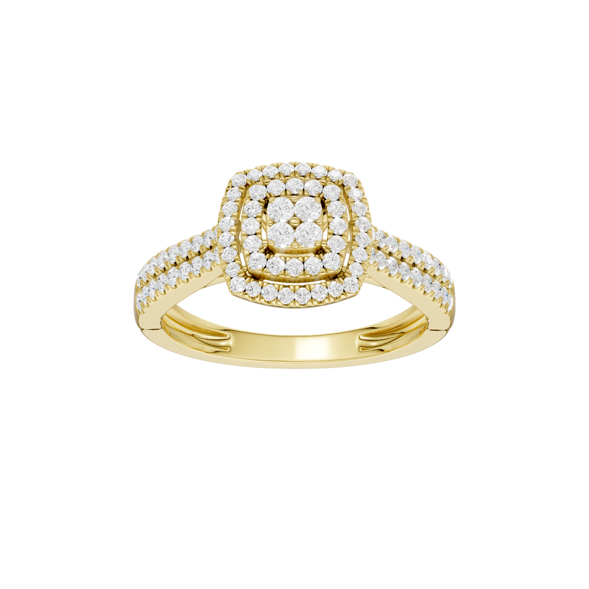 Złoty pierścionek z brylantami w kształcie kwadratu z delikatnym zdobieniem