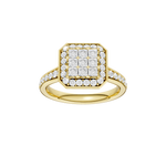 Złoty pierścionek z brylantami o efektownym wzorze z kwadratowym elementem