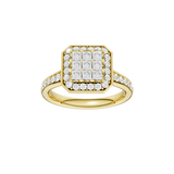 Złoty pierścionek z brylantami o efektownym wzorze z kwadratowym elementem